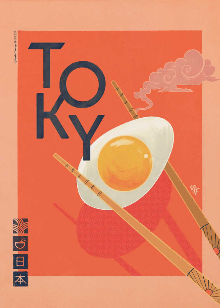 Tokyo egg poster with a graphic of a sunny-side-up egg with chopsticks labeled Tokyo