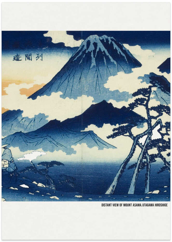 Utagawa Hiroshige Distant View of Mount Asama poster with blue mountain and pines