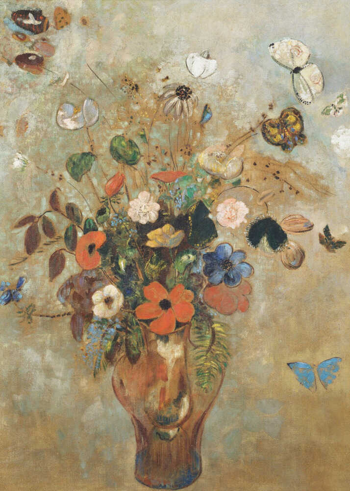 Vase wildflowers butterflies poster with an impressionist painting of a vase with colorful wildflowers and butterflies