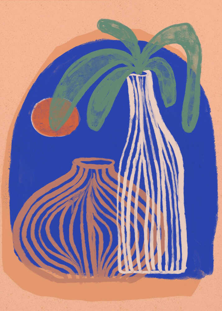 Vases plant illustration poster with a graphic of two vases, a green plant and an orange circle on a blue background