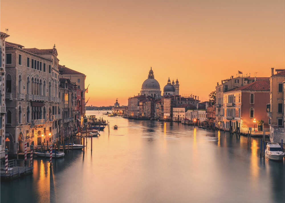 Venice canal sunset poster with the Grand Canal in Venice at sunset with historic buildings