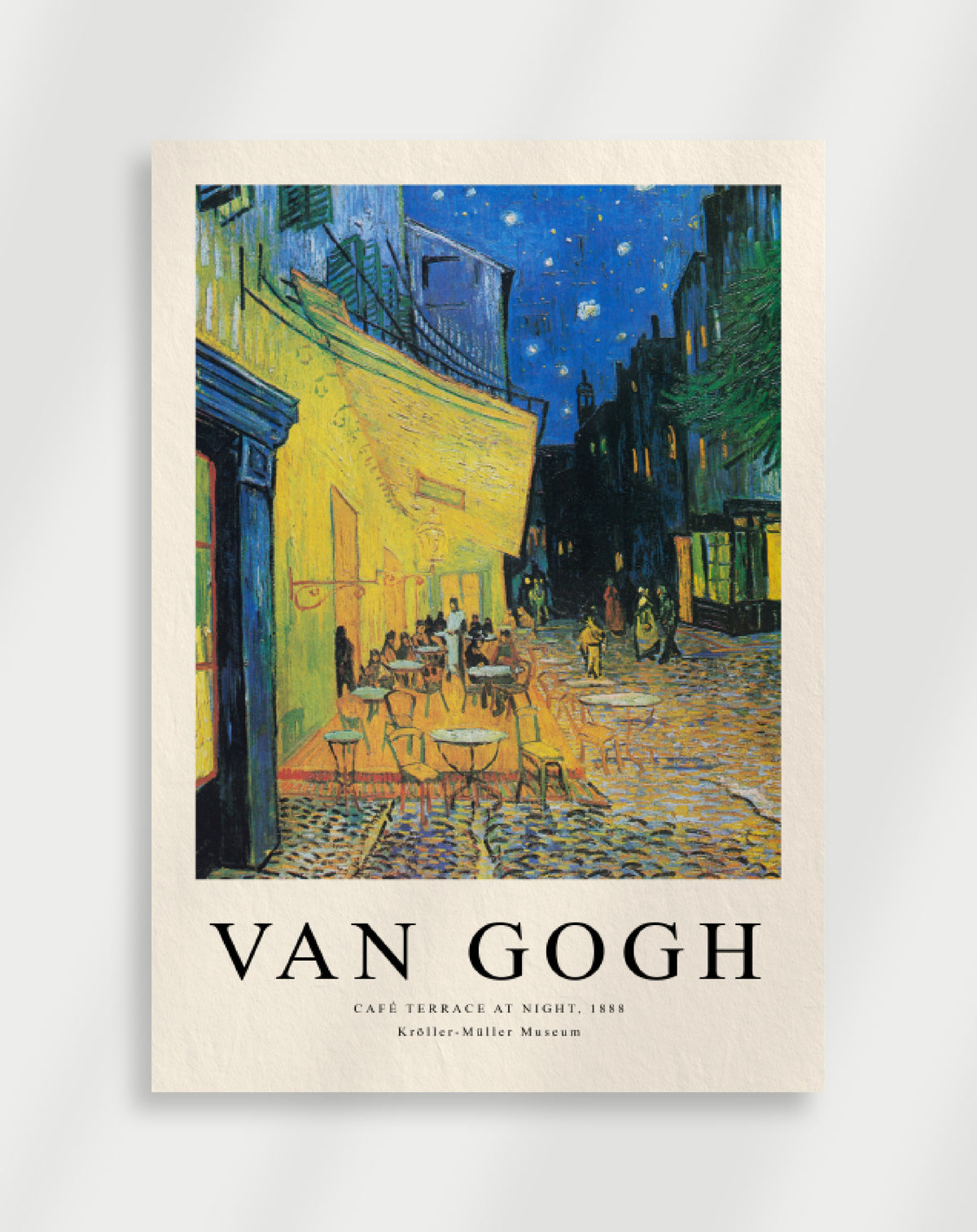 Evening café terrace scene with glowing lights and deep blue night sky by Vincent van Gogh