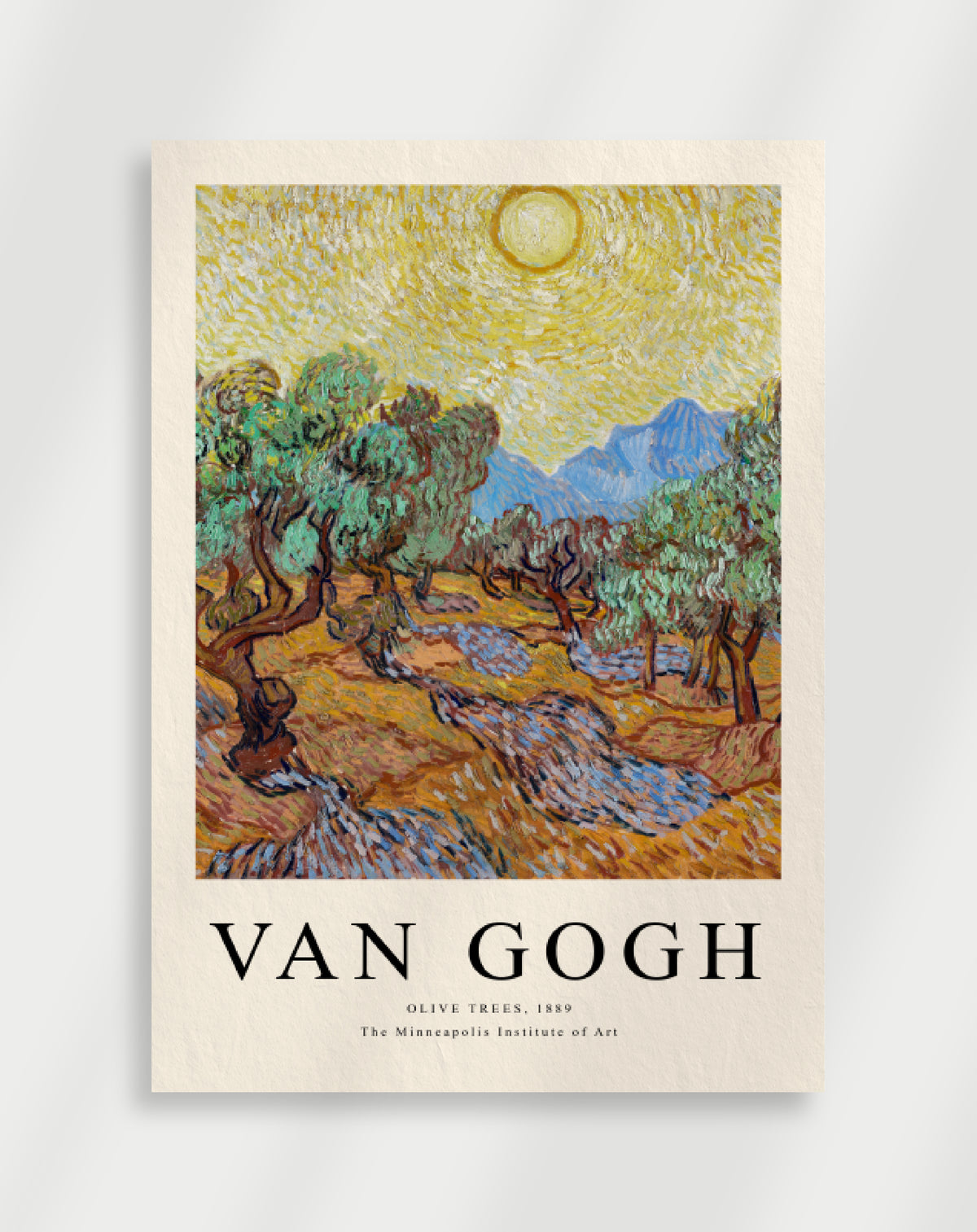 Olive trees in a sunlit landscape with expressive brushstrokes by Vincent van Gogh