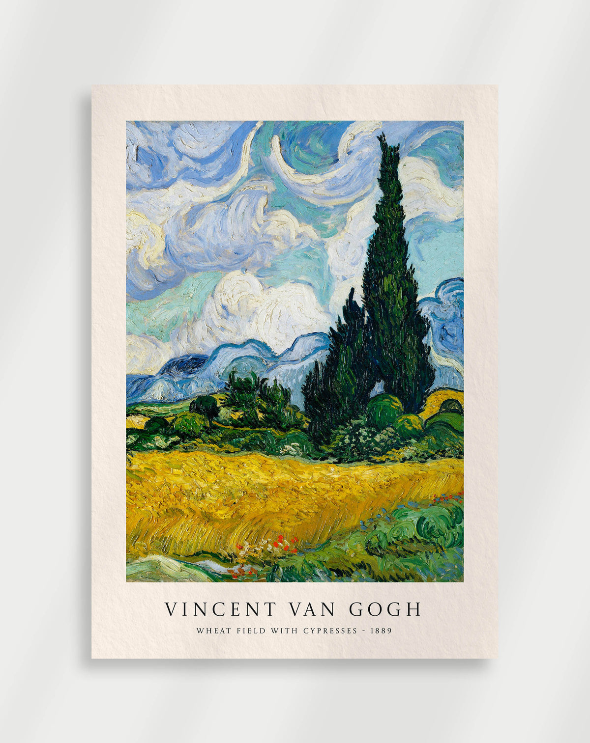 Wheat field with cypress trees and expressive swirling sky by Vincent van Gogh