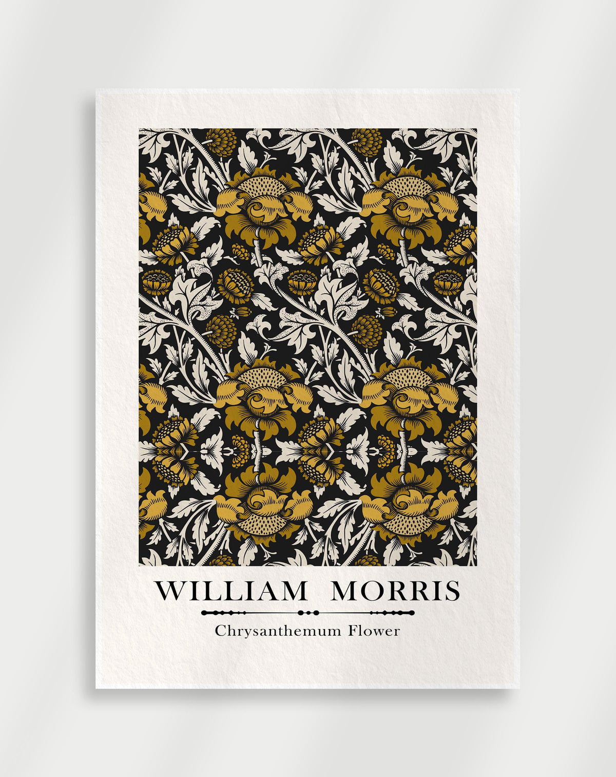 Vintage botanical Chrysanthemum Flower wall art in gold and cream on black by William Morris