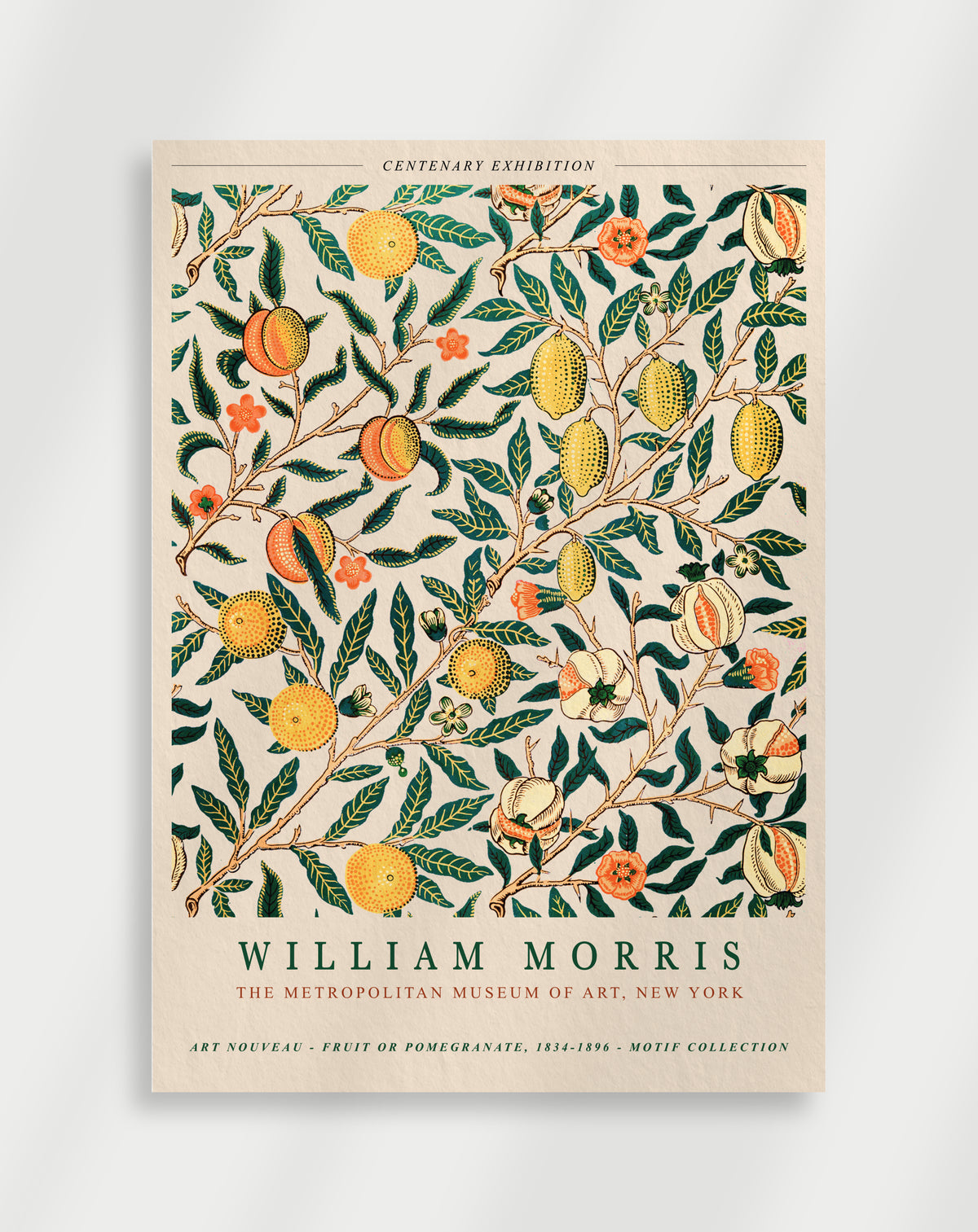 A poster featuring a pattern of lemons and lemon-like plant structures with green leaves on a beige background, with the text 'WILLIAM MORRIS' at the bottom.