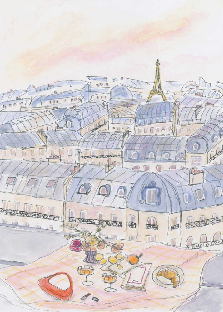 Watercolor Paris rooftop picnic poster with a watercolor sketch of a Paris rooftop view with the Eiffel Tower and a picnic setup