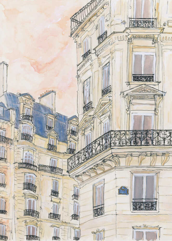Watercolor Parisian buildings poster with a watercolor and ink sketch of Parisian-style buildings with ornate balconies