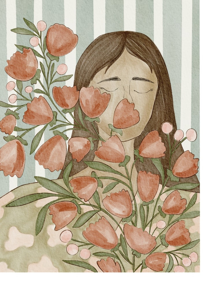 Watercolor woman pink flowers poster with a watercolor illustration of a woman with closed eyes surrounded by pink-orange flowers