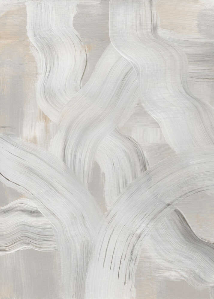 Wavy brushstrokes abstract poster with thick wavy white and gray brushstrokes on a beige background