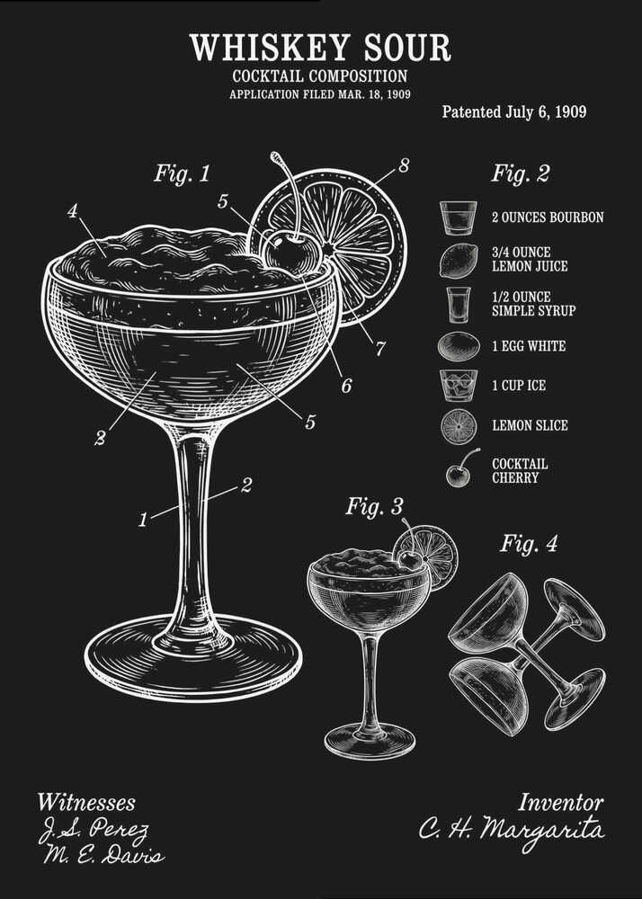 Whiskey sour patent poster with a black and white vintage patent illustration of a Whiskey Sour cocktail with labeled diagrams and ingredients