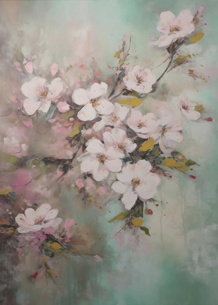 White blossoms branches painting poster with a painterly abstract floral painting of white and pink blossoms on branches
