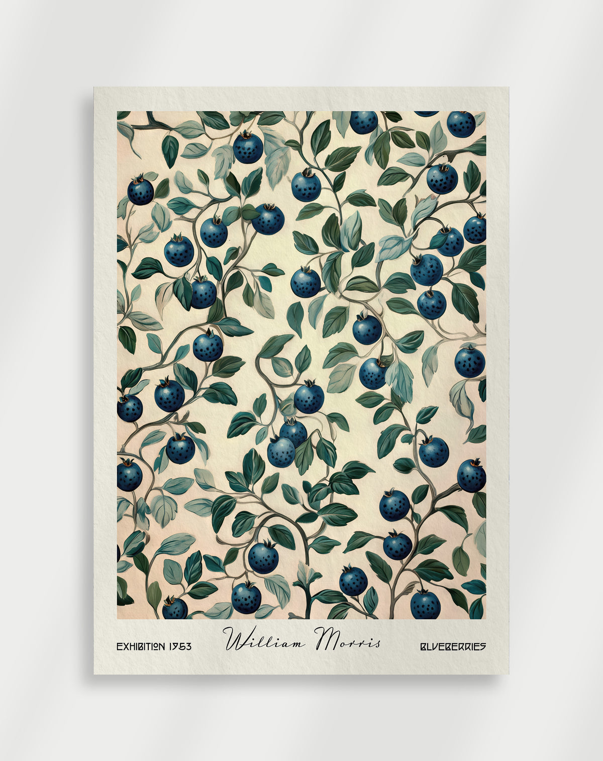 William Morris Blueberries poster with blue berries and green leaves on cream