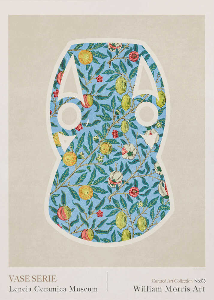 William Morris fruit vase serie poster with a graphic of a vase silhouette filled with blue fruit and flower pattern labeled William Morris Art