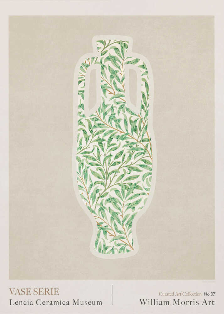 William Morris green vase serie poster with a graphic of a vase silhouette filled with green leafy pattern labeled William Morris Art