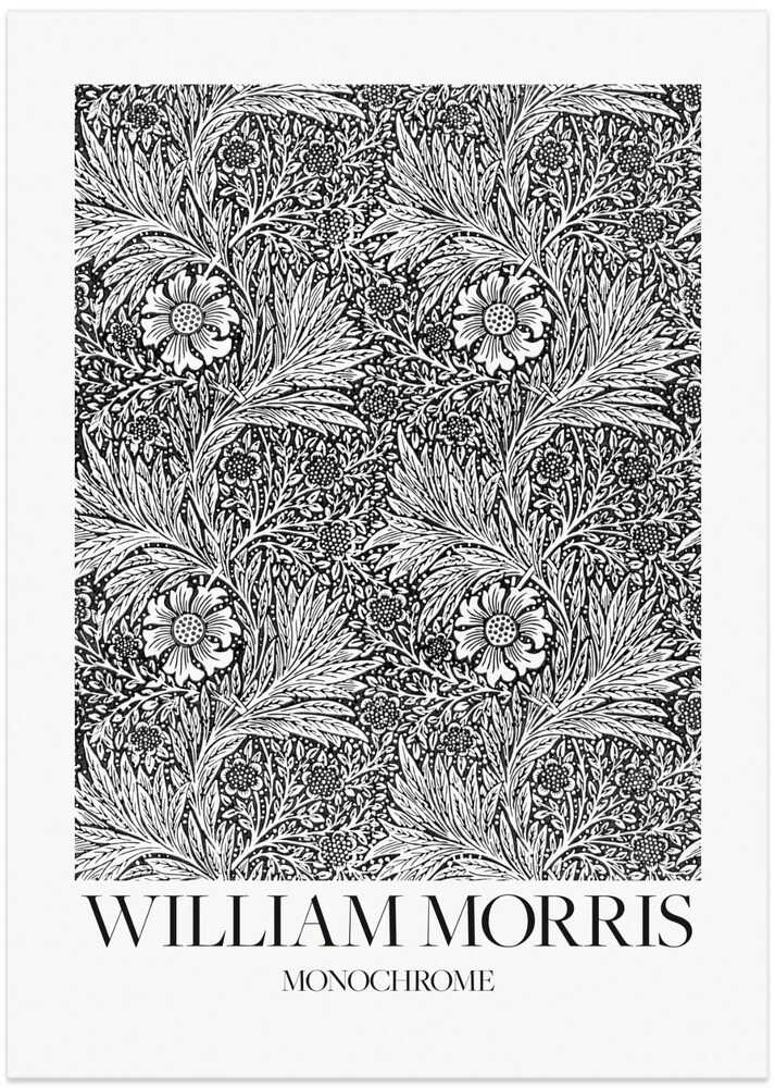 William Morris monochrome pattern poster with a black and white William Morris floral pattern of leaves and flowers labeled William Morris Monochrome