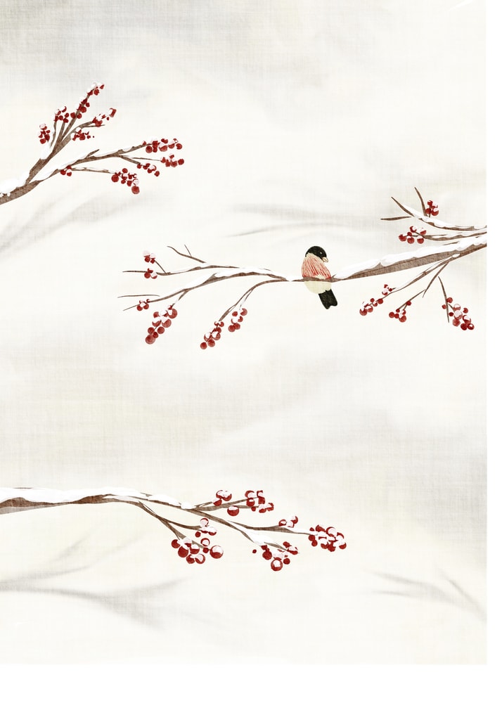 Winter bird berries branch poster with a delicate illustration of a small bird on a snowy branch with red berries