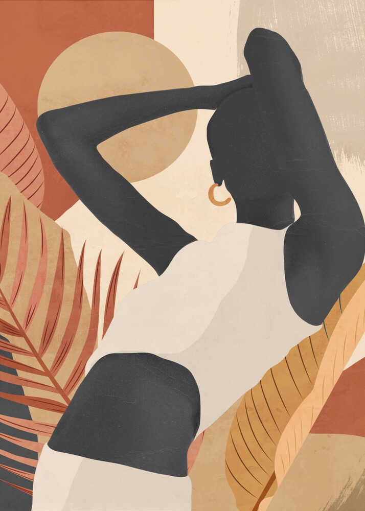 Woman arms raised silhouette poster with a stylized silhouette of a woman with arms raised against tropical leaves and a circle