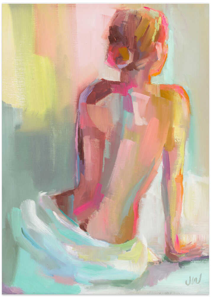 Woman from behind painting poster with an impressionist painting of a woman sitting seen from behind in colorful brushstrokes