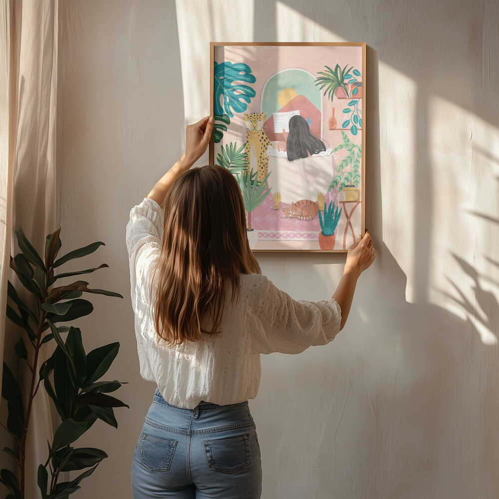 Woman taking bath in pink tropical bathroom Poster