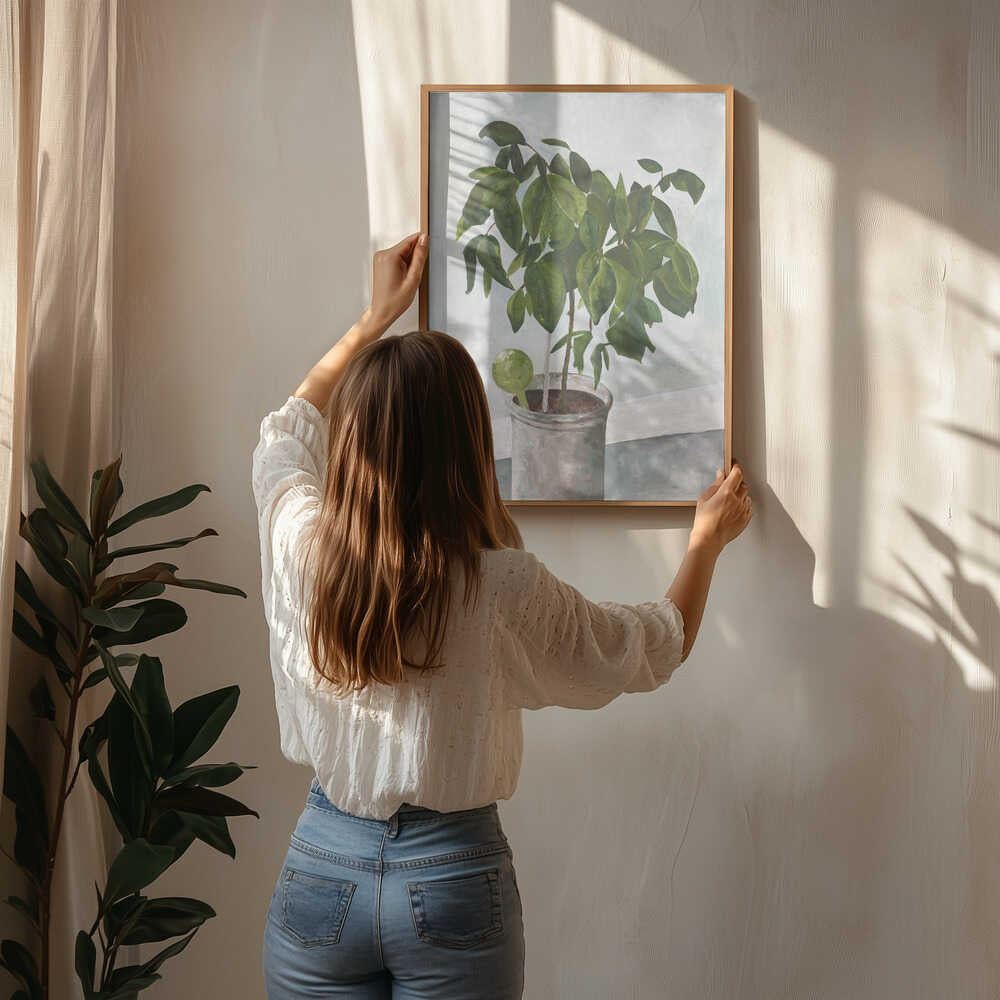 Stilleben: Plakat med potteplante
