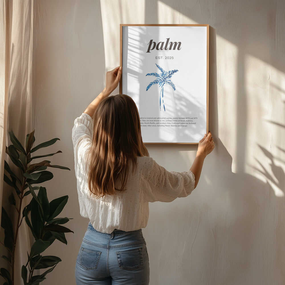 Blå akvarelplakat med palmetekst