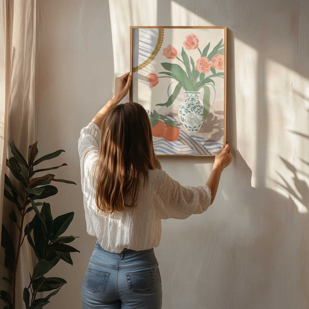Plakat med friske tulipaner og appelsiner