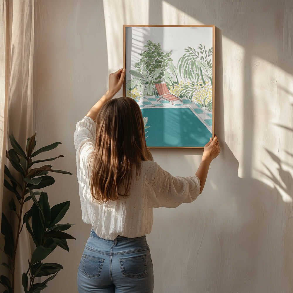 Afslappende haveplakat ved poolen