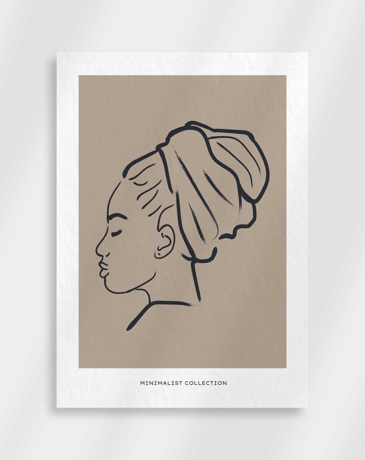 Woman headwrap line art poster with a black line drawing of a woman's profile with a headwrap labeled Minimalist Collection
