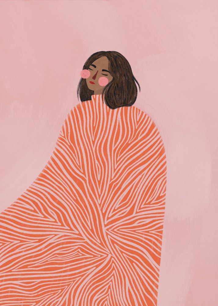 Woman orange blanket poster with a stylized illustration of a woman wrapped in an orange patterned blanket