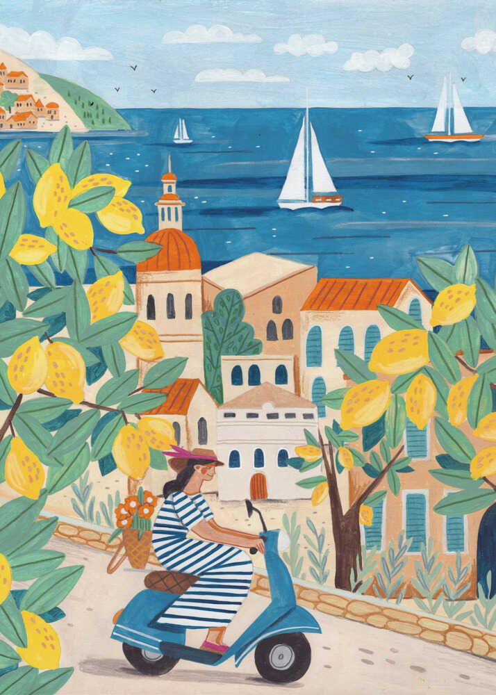 Woman scooter mediterranean lemons poster with a stylized illustration of a woman on a scooter in a coastal town with lemon trees and sailboats