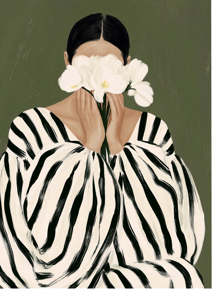 Woman white flowers poster with a painting of a woman in a striped top holding white flowers over her face