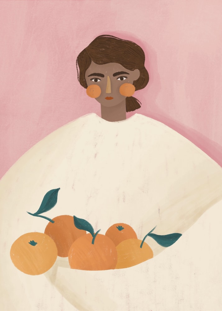 Woman with oranges poster with a stylized illustration of a woman with brown hair and a bowl of oranges on a pink background