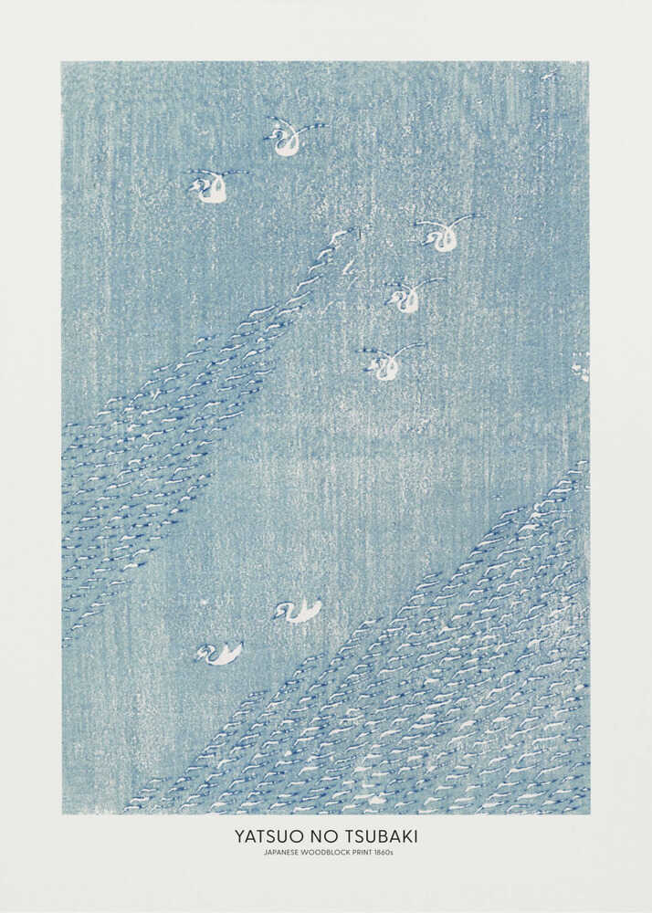 Yatsuo no Tsubaki Japanese woodblock poster with white birds on blue, 1860s
