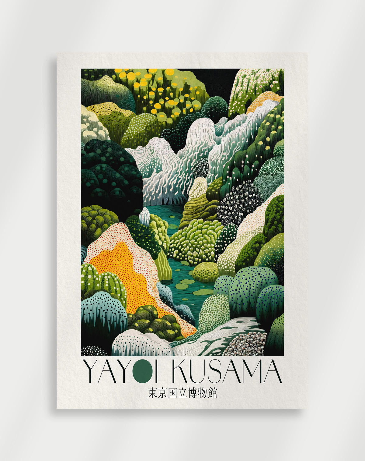 Yayoi Kusama abstract landscape poster with green, yellow and white organic forms and a river