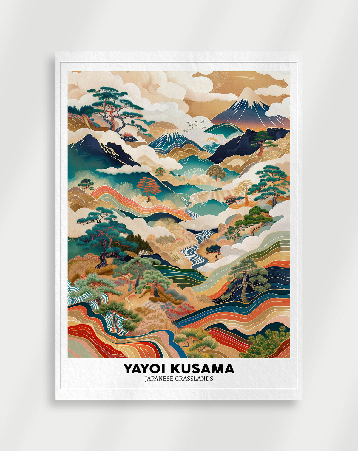 Yayoi Kusama Japanese Grasslands poster with Mount Fuji, pines and layered colorful hills