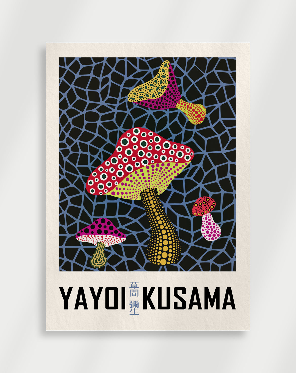 Yayoi Kusama mushrooms poster with colorful dotted mushrooms on a geometric ground