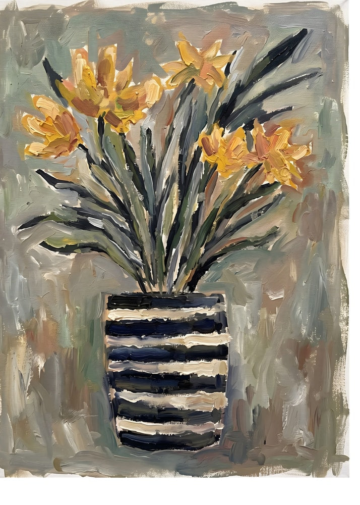 Yellow flowers striped pot painting poster with a painterly still life of yellow daffodils in a black and white striped pot